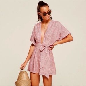 Reformation Cecilia Linen Dress Size 0 Striped Split Chest Kimono Style